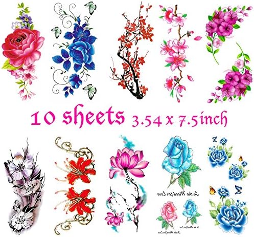 Flower Temporary Tattoos for Women &amp; Teens Girls - Classical Temporary Tattoos Design – Colorful Lotus Cherry Blossoms Flash Flash Fake Waterproof Tattoo Stickers of PLRB (10 Sheets)