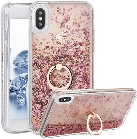 iPhone X Case With Ring Liquid - USAcases Finger Ring Stand Holder Kickstand Moving Quicksand Slim Fit Crystal Clear Floating Luxury Glitter Sparkle Diamond for iPhone X (Diamond Pink)