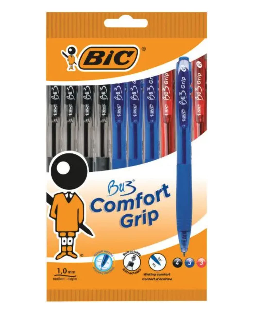 Bic BU3 Comfort Grip - Retractable Ball Pens - 4 Black, 3 Blue, 3 Red