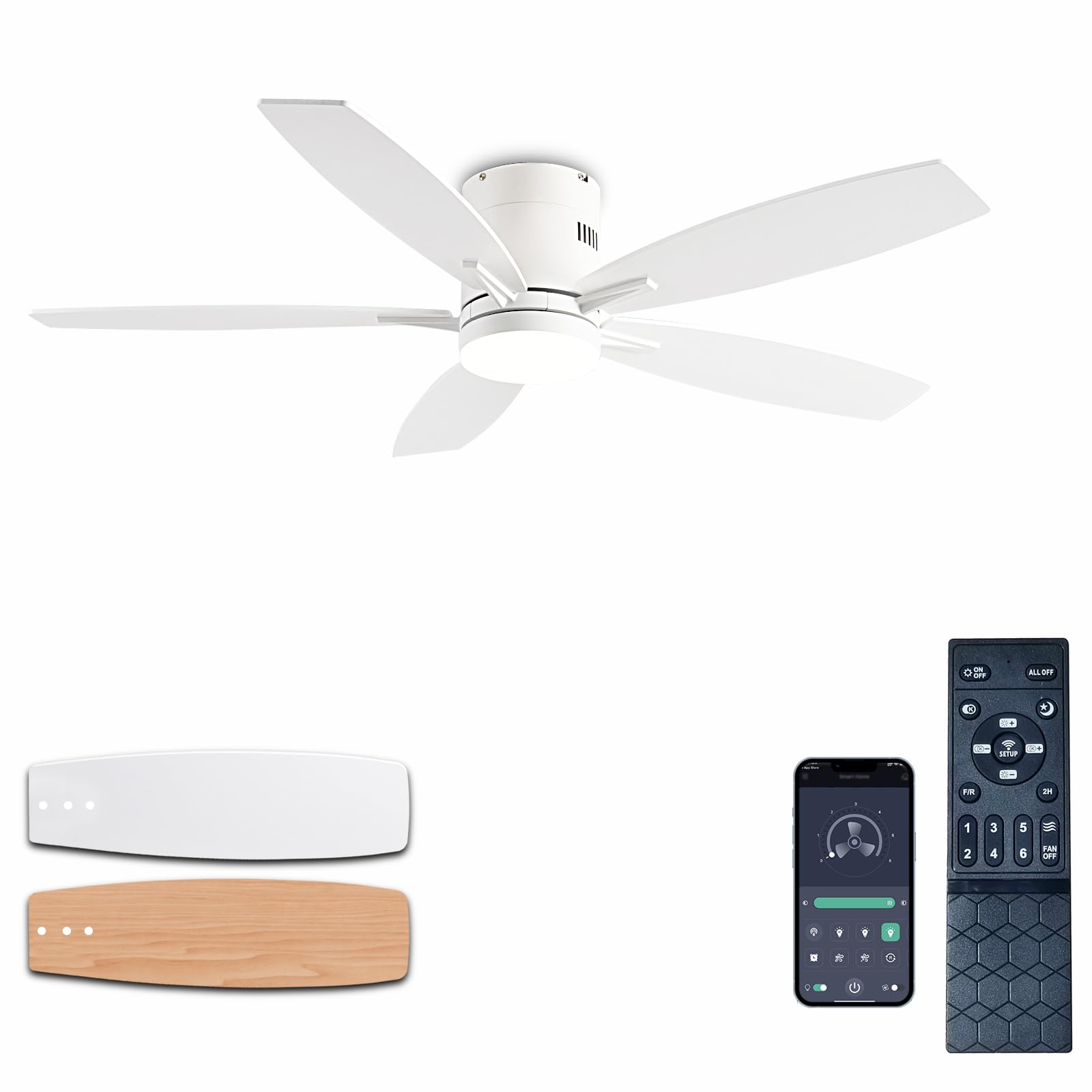 Photo 1 of Ayaoty Ceiling Fans with Lights, 52" Low Profile Indoor Ceiling Fan with Light and Remote Control, Dimmable, Noiseless, Reversible, White Ceiling Fan for Bedroom, Indoor/Outdoor Use