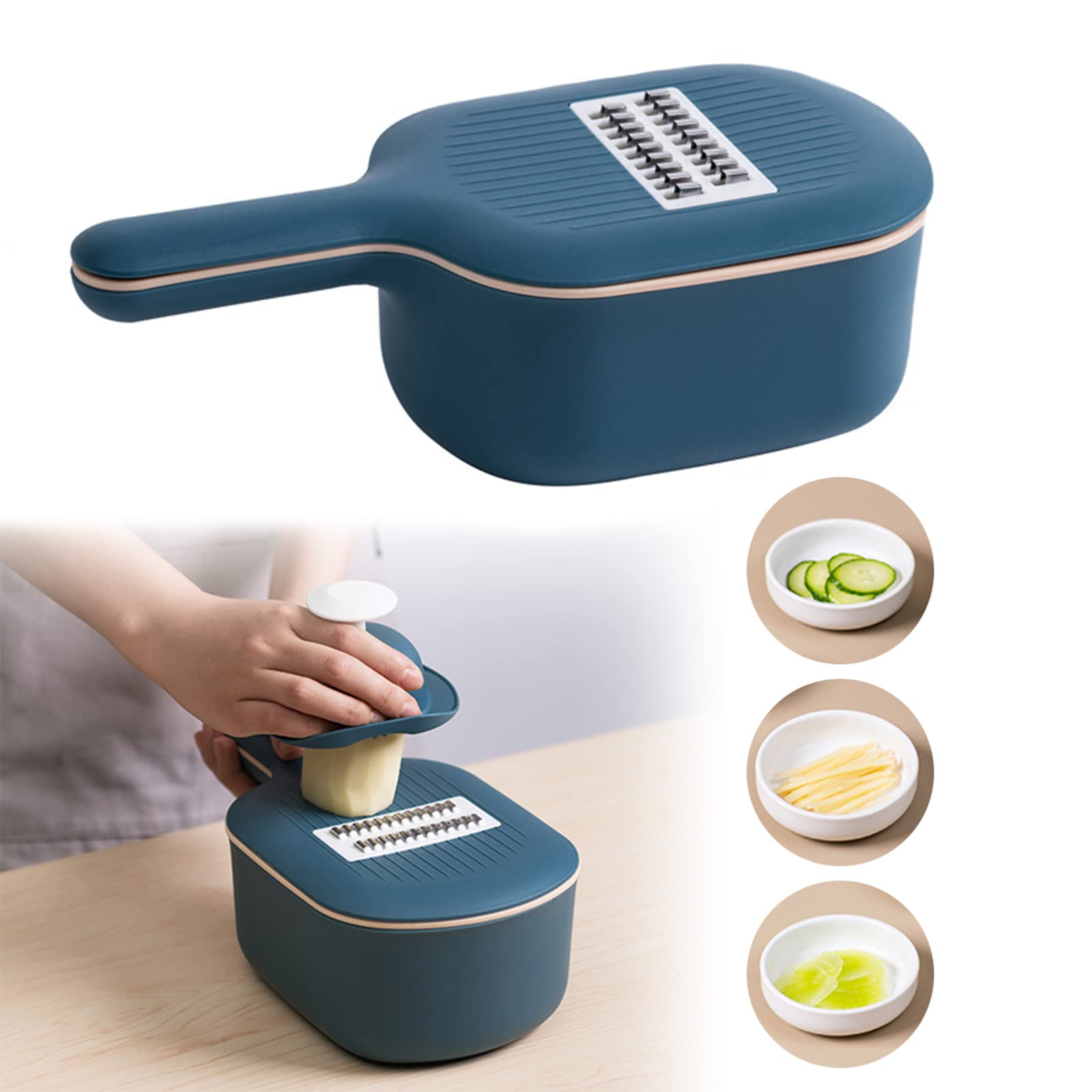 4 in 1 Multi-Function Mandoline Vegetable Cutter Onion Chopper Potato Carrot Vegetable Slicer Chopper Grater Kitchen Tool with Container Home (Navy Blue)