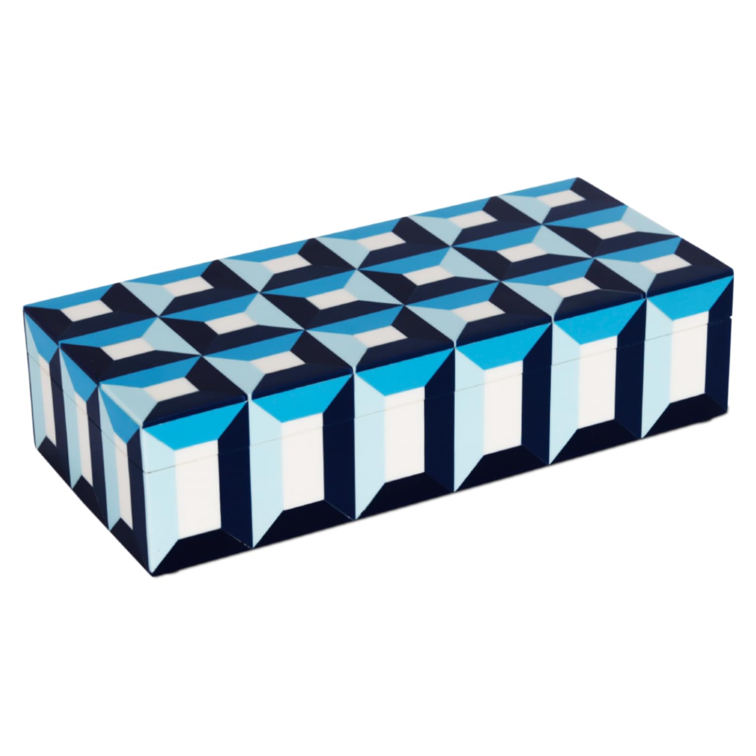 Handicrafts Home Blue Decorative Storage Box with Lid, Modern Coffee Table Storage Box, Geometric Wooden Box, Remote Control Holder, Organizer, Jewelry & Keepsake Box For Decor (10x4.5x2.5 Inch)