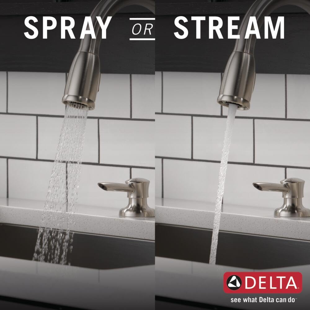 Delta Kate Brushed Nickel Kitchen Faucet with Pull Down Sprayer and Soap Disperser, Modern Two Hole Kitchen Sink Faucet, Single Handle, Stainless 16970-SSSD-DST