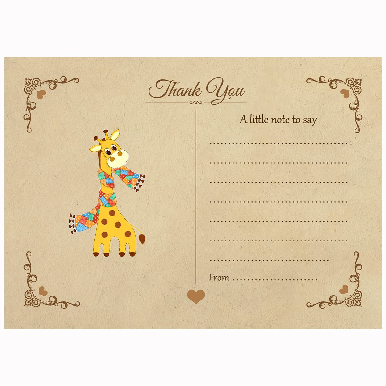 Artstore Vintage Giraffe Thank You Note Cards With Brown Kraft Envelopes - Pack of 15