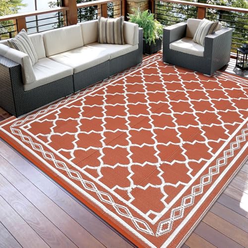 GarveeHome Outdoor Rug 8×10 Reversible Mats, Plastic Straw Rug, Large Floor Mat and Rug for Outdoors, Modern Area Rug, Patio, Backyard, Deck, Picnic, Beach, Trailer, Camping, Orange/White(Geometric)
