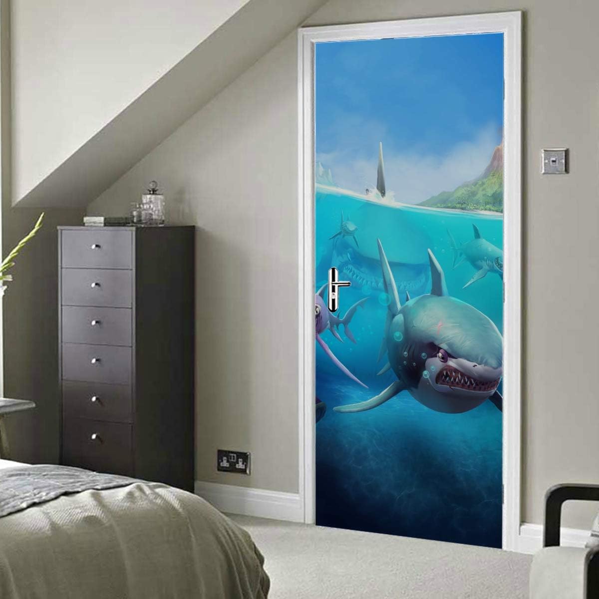 YUMOING Hungry Shark World X iOS Android Shark Self-Adhesive Vinyl Removable Kitchen Door Decal Easy Stick Wallpaper 30x79 Inch(77x200cm) 2 Pieces