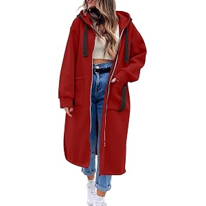 Pbawab Women's Long Fleece Zip Hoodie Tunic Coat with Pockets | Womens Long Zip Up Hoodie Jacket Casual Open Front Tunic Swea