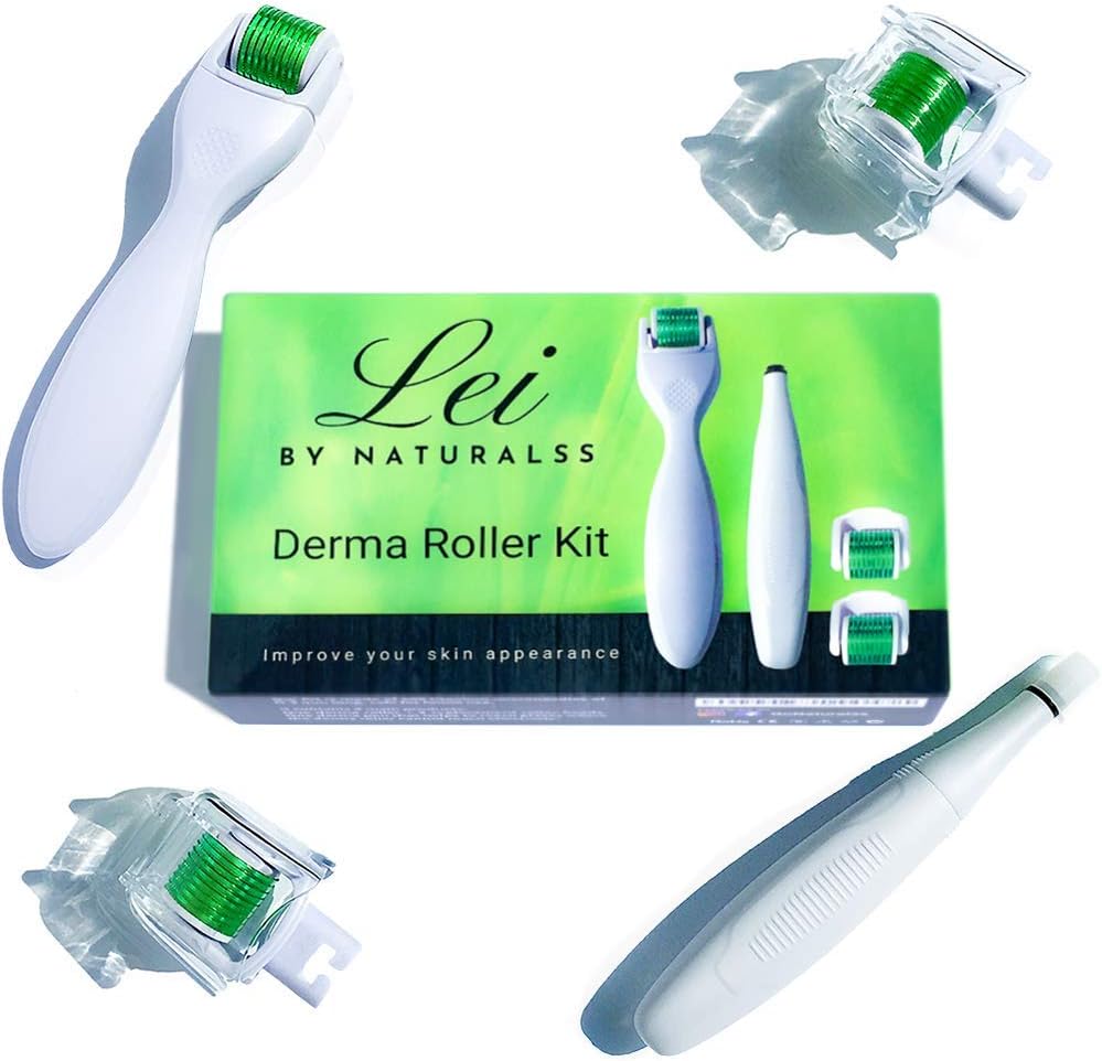 Naturalss Derma Roller Kit for Face and Body 0.3mm - Microdermabrasion Roller Kit Includes 1 Skin Microneedle Roller, 3 Heads with 600 Titanium Micro Needles, 1 Derma Pen, Microneedling Tool E-Guide