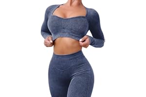 ABOCIW Workout Sets for Women Seamless Ribbed Sweetheart Neck Long Sleeve Crop Top Scrunch Butt High Wasit Legging Sets