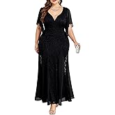 TIARALY Plus Size Wedding Guest Dress Chiffon Lace Evening Gown with Handkerchief Sleeves Cocktail Party Maxi Dress