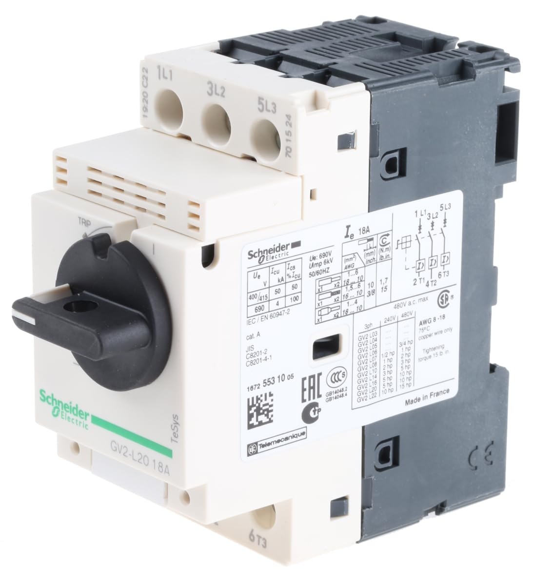 Schneider Electric, Motor circuit breaker, TeSys GV2, 3P, 18 A, magnetic, rotary handle, screw clamp terminals, GV2L20 — image 1
