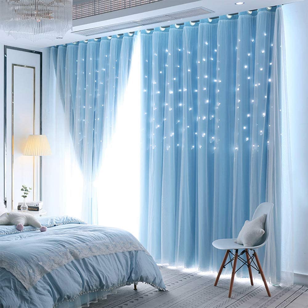 Lanqinglv Star Blackout Curtains with Nets,Blue Star Panels Nursery Double Layer Window Curtains for Kids Girls Room Bedroom Living Room Decoration,2 Panels,W 52 in x L 63 in
