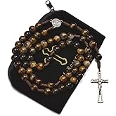 SALOMOCA 10mm Brown Beads Catholic Rosary Handmade Braided Rosaries with Curcifix Cross and Holy Mary Medal Amulet Rosary Beads Necklace for Women Men