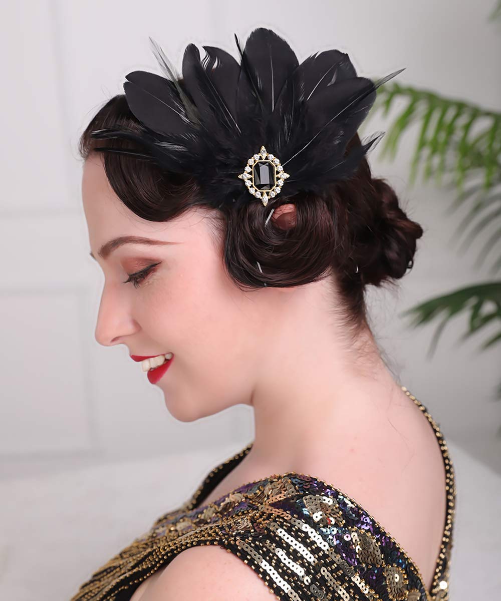 Anglacesmade 1920s Flapper Black Feather Headpiece Crystal Roaring 20s Feather Hair Clip Masquerade Hair Jewelry for Women
