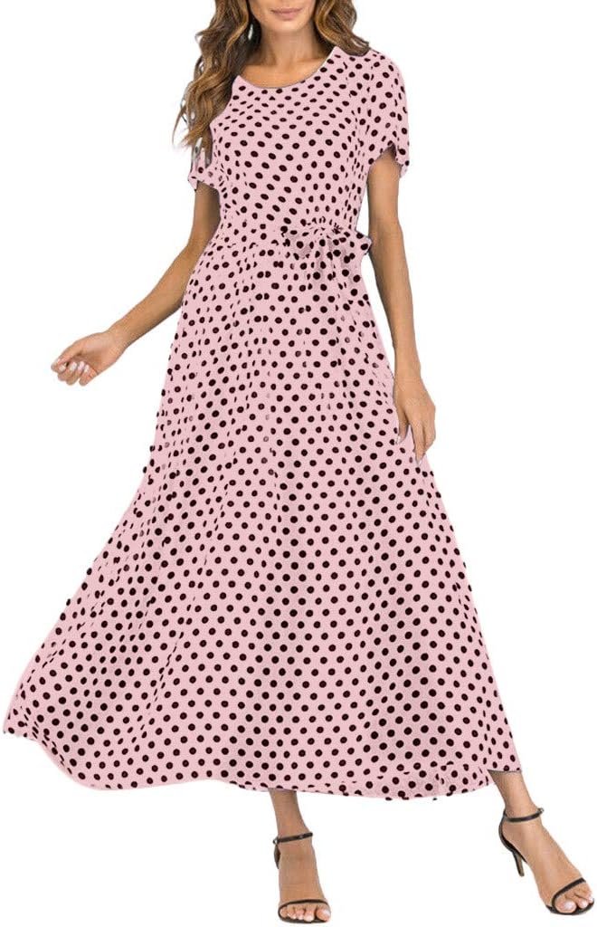NREALY Vestido Womens Fashion O-Neck Short Sleeve Beach Polka Dot Bandage Long Maxi Dress