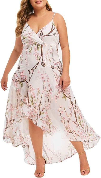 TOPUNDER Women's Casual Plus Size V-Neck Print Stitching Sling Waist Irregular Dress at Amazon 