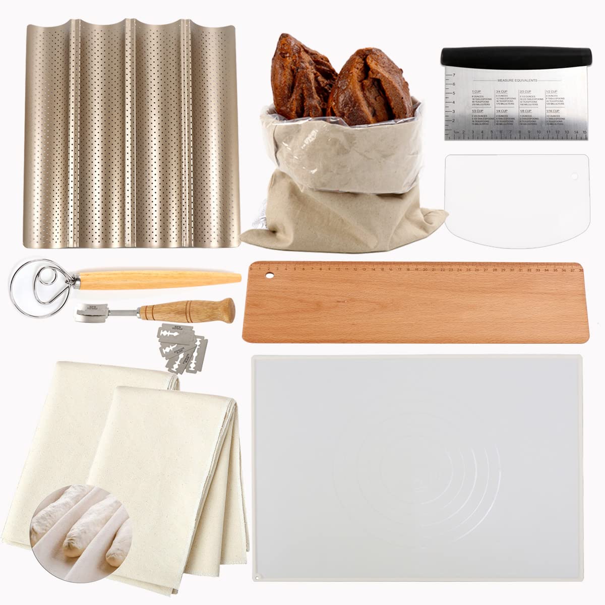 Professional Baking Kit Non Stick Baguette Baking Tray - 2X Proofing Cloth Couche - Bread Lame - Dough Whisk - Baguette Transfer Peel Flipping Board