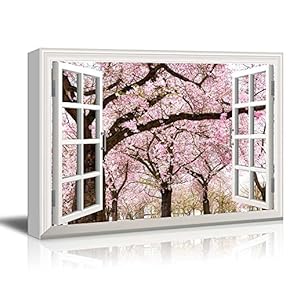 Canvas Print Wall Art - Window Frame Style Wall Art - Pink Cherry/Sakura Blossom in Spring | Giclee Print Gallery Wrap Modern Home Decor. Stretched & Ready to Hang - 24" x 36"