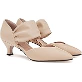 Coutgo Womens Low Kitten Heel Dress Shoes Pointed Toe Slip on Ankle Strap Cutout Elegant Party Wedding Pumps