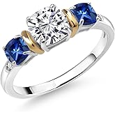 Gem Stone King 2.72 Cttw 925 Silver & 10K Yellow Gold IGI Certified Lab Grown Diamond and Created Sapphire 3 Stone Ring For Women | 1 Ct Center Cushion Cut Diamond | E-F Color VS1-VS2 Clarity