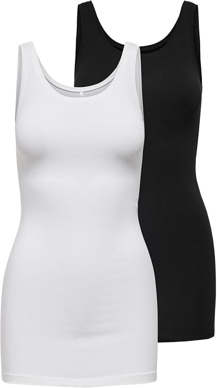 Onllive Love New Long Tank Top 2pk, Camiseta sin Mangas Mujer, Negro (Black Pack:Black and White), 34 (Talla del Fabricante: X-Small)