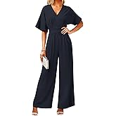 LOOKBOHO Women's One Piece Jumpsuits Dressy Casual V-Neck Batwing Short Sleeve Wide Leg Elegant Ladies Jumpsuit Rompers
