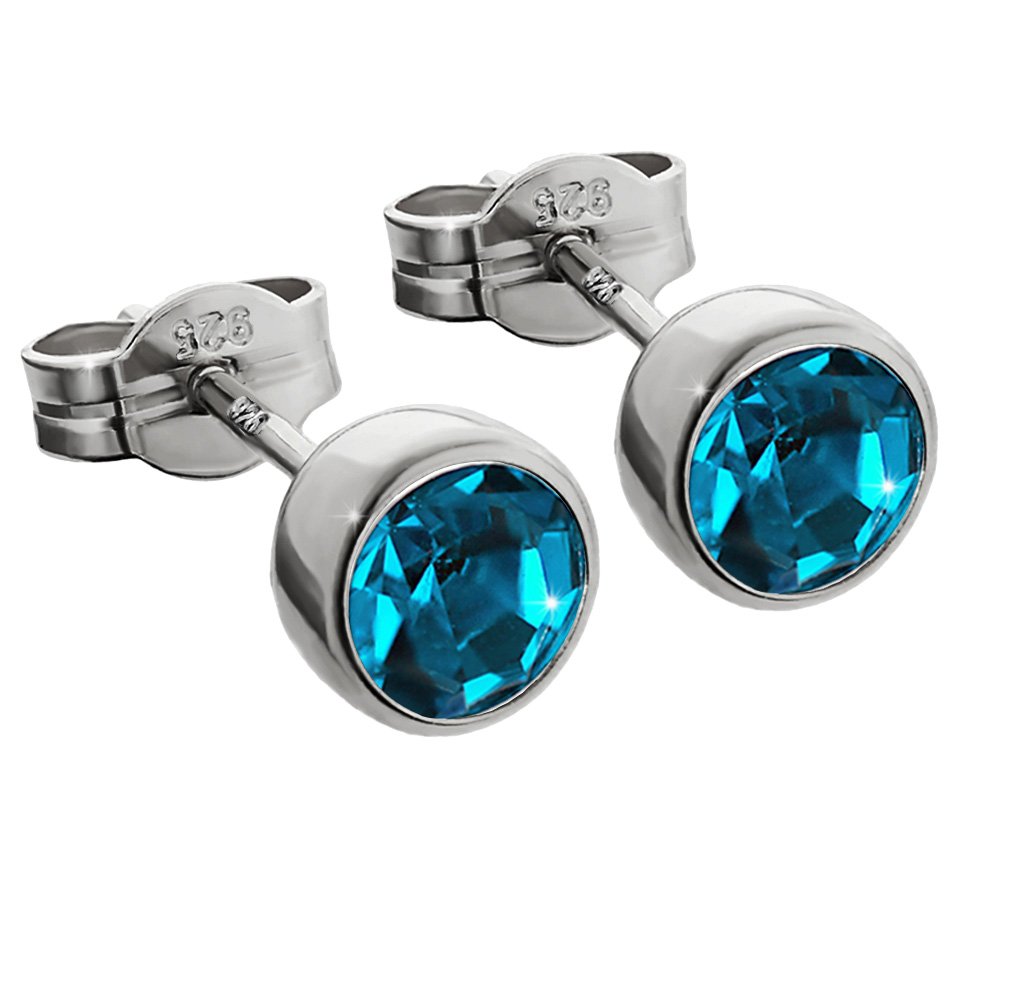 NKlaus silver pair of stud earrings 925 sterling silver rhodium plated 5,50mm turquoise zirconia ladies men 5966