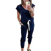 PRETTYGARDEN Women's Two Piece Tracksuit Casual Summer V Neck Short Sleeve Tops Drawstring Jogger Pants Lounge Outfit Sets