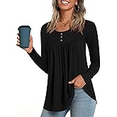 POPYOUNG Women's Long Sleeves Tunic Tops to Wear with Leggings Loose Fit Dressy Empire Waist Fall Tops