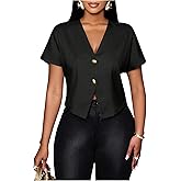 Floerns Women's V Neck Button Asymmetrical Hem Blouse Short Sleeve Elegant Shirt Tops
