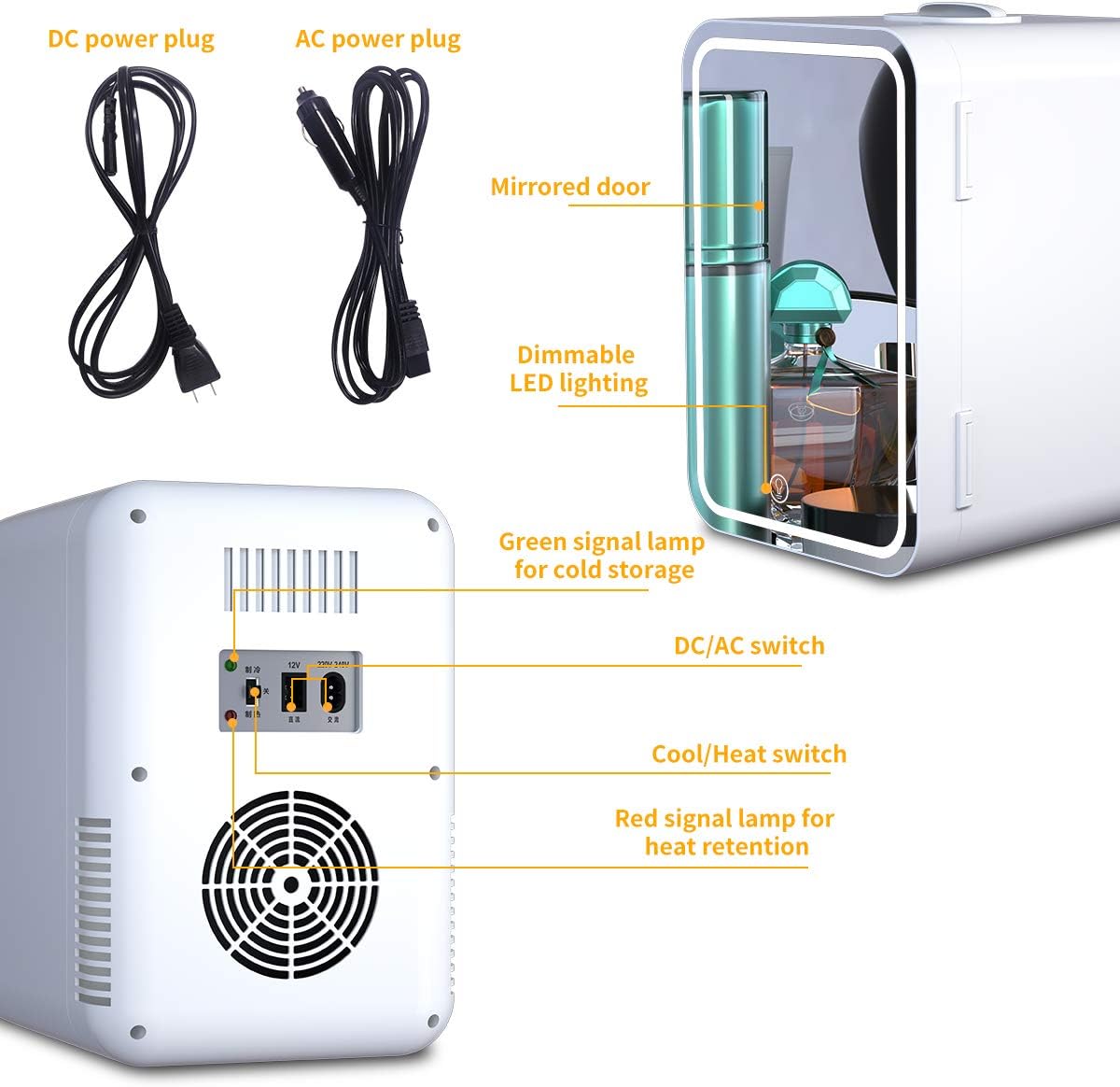 Mini Fridge 6 Liter AC/DC Portable Beauty Fridge Thermoelectric Cooler and Warmer for Skincare, Bedroom and Travel (Mirror & LED Design): Home & Kitchen