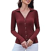 BAISHENGGT Womens Soft Ribbed Knit Polo Shirts Collared V-Neck Button Fastening Long Sleeve Going Out Tops