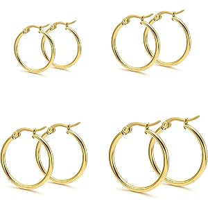 4 Pairs Gold Silver Small Hoop Earrings Huggie for Women Surgical Steel Set | 10/12/14/16 mm, Hypoallergenic, Lightweight Hoo