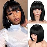 magichouse Bob Human Hair Wigs with Bangs 180% Density None Lace Front Wigs Brazilian Glueless Wear and Go Short Straight Human Hair Bob Wig with Bangs for Black Women Natural Black 12Inch