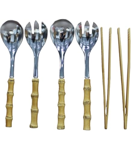 Salad Servers Set Of 3 Salad Tongs For Serving 18/10 Stainless Steel Salad Serving Utensils With Bamboo Handle Salad Spoon And Fork Metal Tongs - View #6