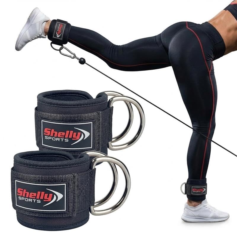 Shelly Ankle Straps for Cable Machines Leg Extensions Hip Abductors Double D Ring Cable Straps Padded Neoprene Ankle Cuffs for Leg Abs Kickbacks Glute Workouts Support for Men & Women (Black)