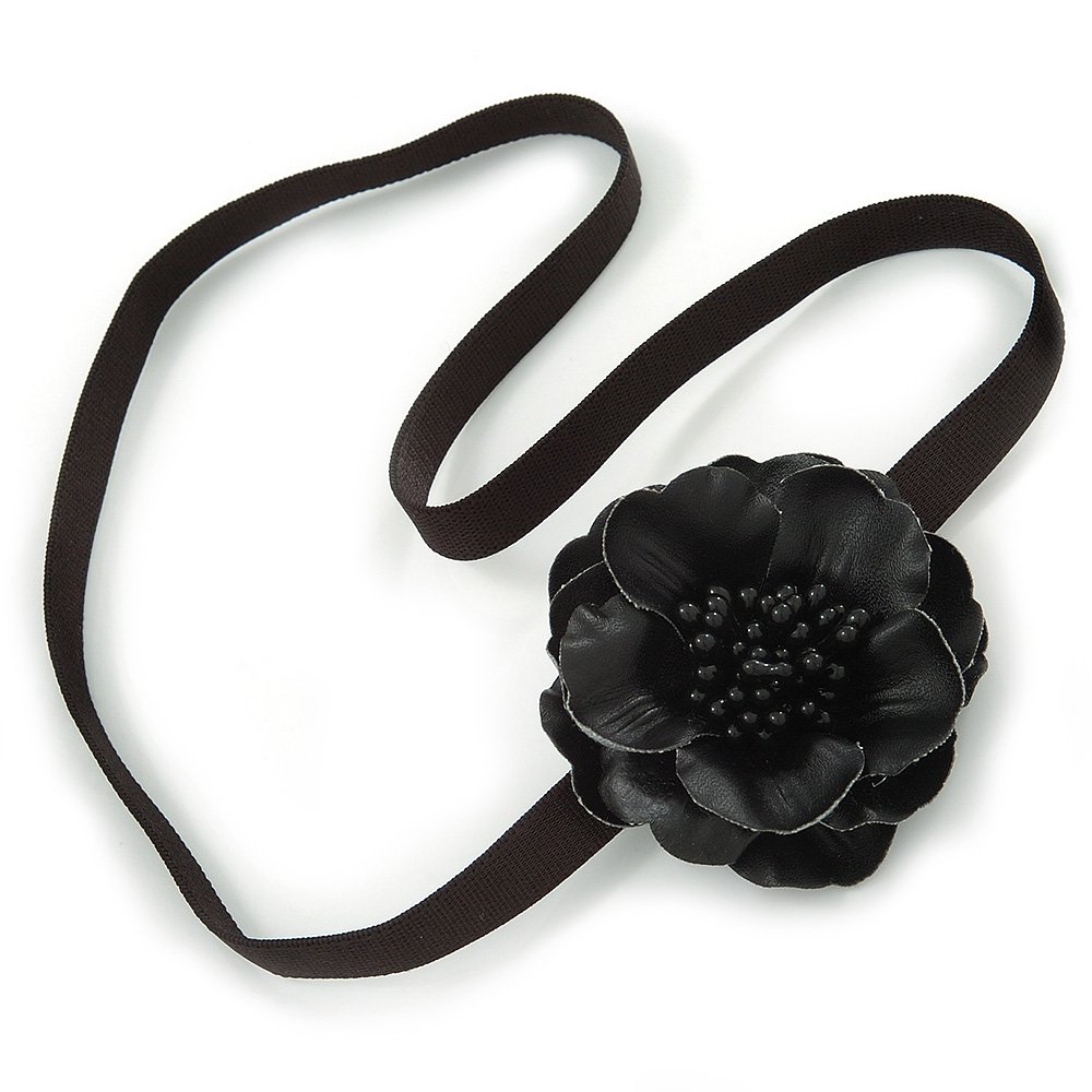 Black Leather Poppy Flower Elastic Headband/Headwrap