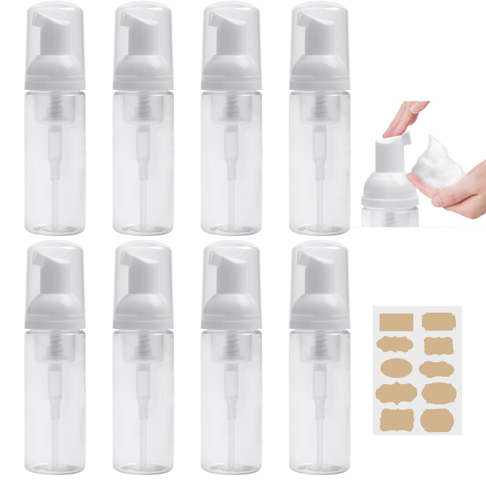 Omsscun 8 PCS Foam Pump Bottle, 60ml Foaming Soap Dispenser, Travel Foam Pump Bottle with Waterproof Labels, Refillable Pump Containers for Face Wash Lash Shampoo Skin Care Hand Soap