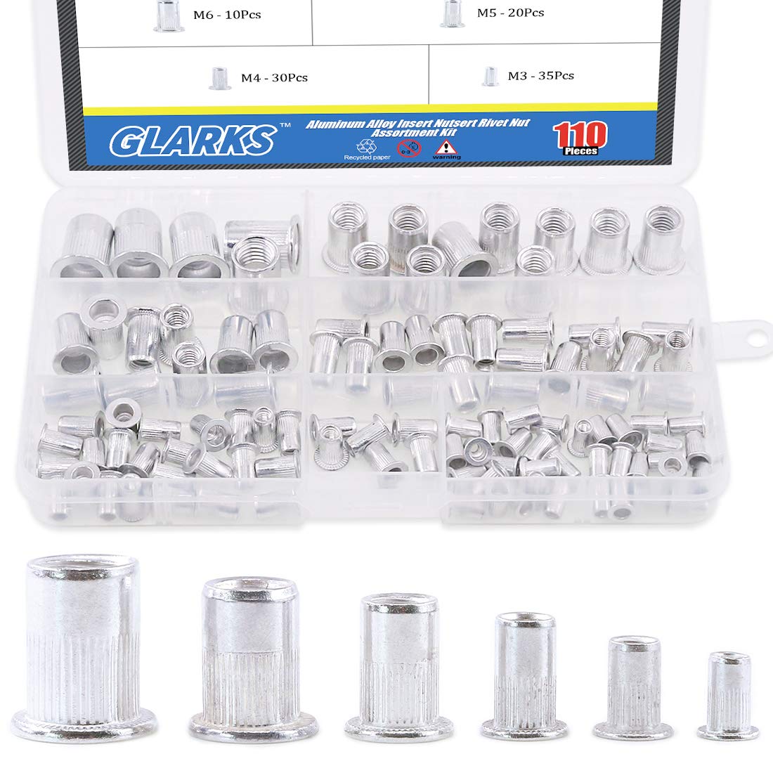 Glarks 110Pcs Aluminum Alloy M3 M4 M5 M6 M8 M10 Flat Head Metric Threaded Rivetnut Insert Nutsert Rivet Nut Assortment Kit