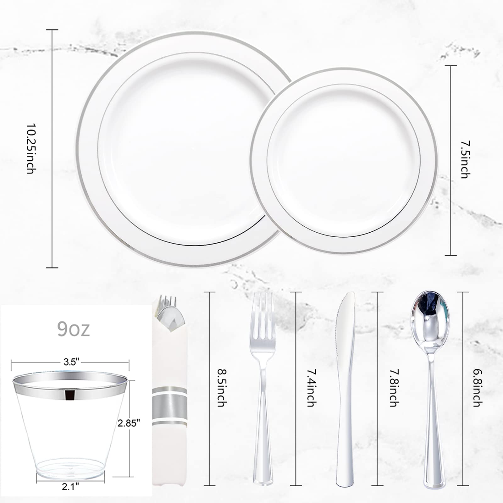 WELLIFE 350-Piece Silver Plastic Dinnerware Set - Disposable 10.25