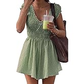 Meiyi station Womens Summer Gingham Rompers V Neck Puff Sleeve Smocked Wide Leg Plaid Shorts Dressy Jumpsuits