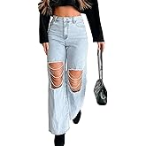 Womens Rhinestones Pearl Jeans Ripped Distressed Wide Leg Jean High Waisted Straight Denim Pants