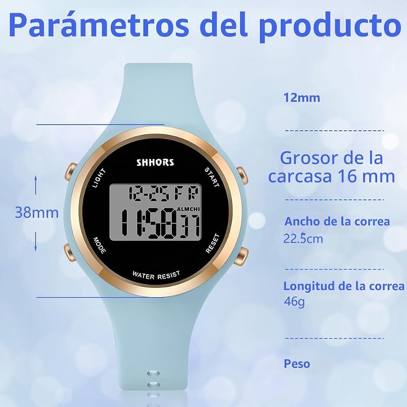 Relógio feminino com bracelete de silicone, relógios desportivos LED, relógios digitais para mulheres com mostrador luminoso, relógio de pulso exterior para raparigas (azul celeste)