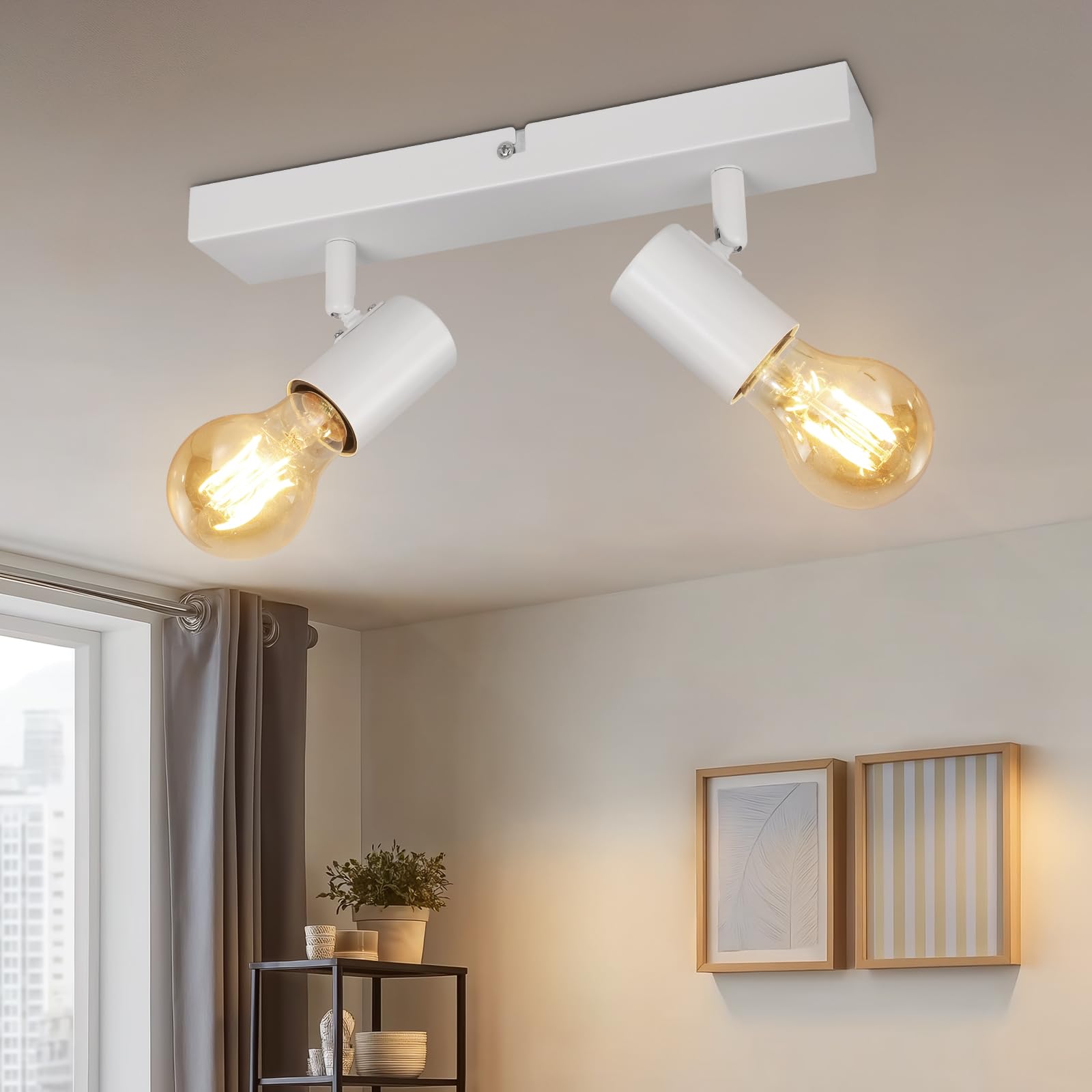 Kimjo LED 2 Spotlight Ceiling Light, E27 Socket Swiveling Adjustable Spot Light, Vintage White Spotbars for Living Room Kitchen Dining Room Hall Wall, Max.60W, Bulb not Included