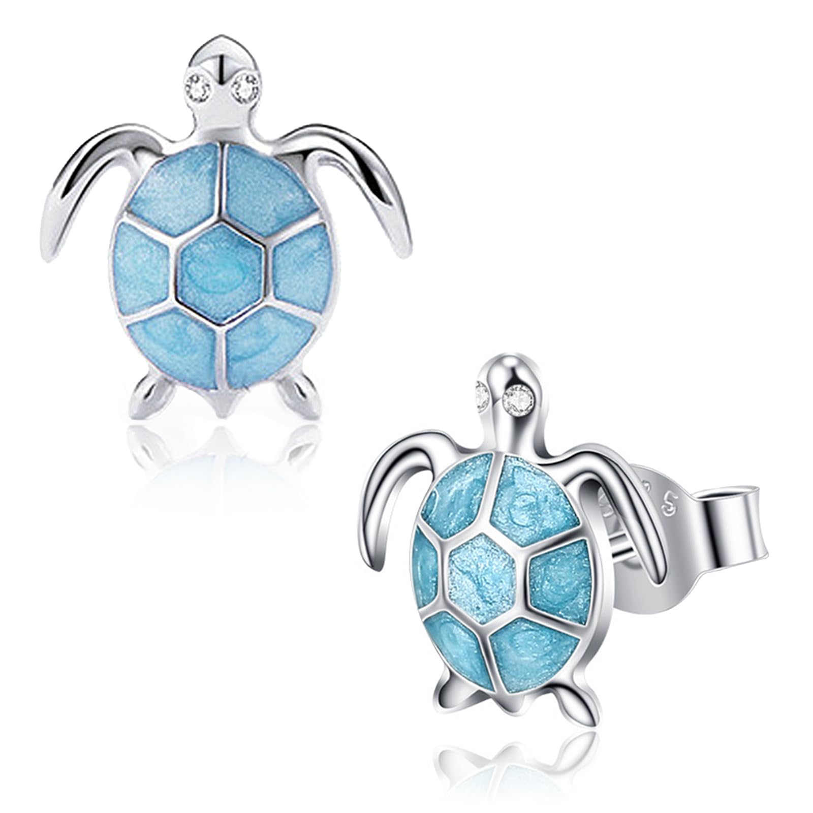 Turtle Earrings, 925 Sterling Silver Stud Earrings Cute Animal Ear Studs Jewellery Blue for Women Girl (Earrings)