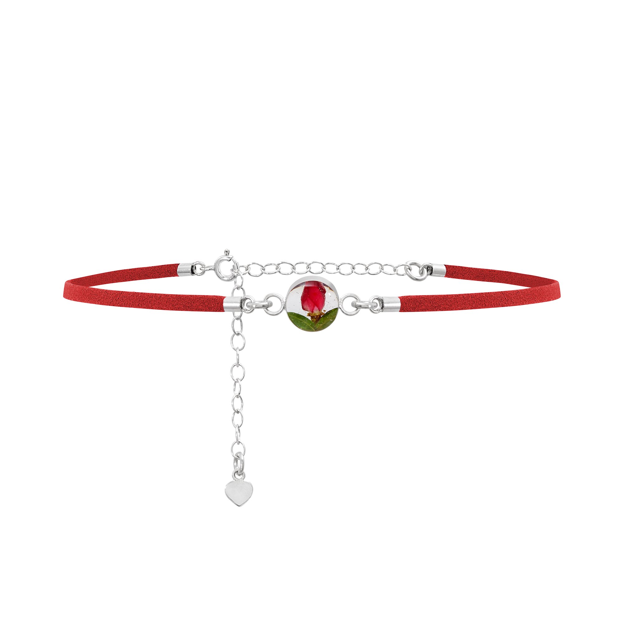 Shrieking Violet 925 Sterling Silver and Vegan Suede Round Real Flower Choker Necklace - Rose (Red)