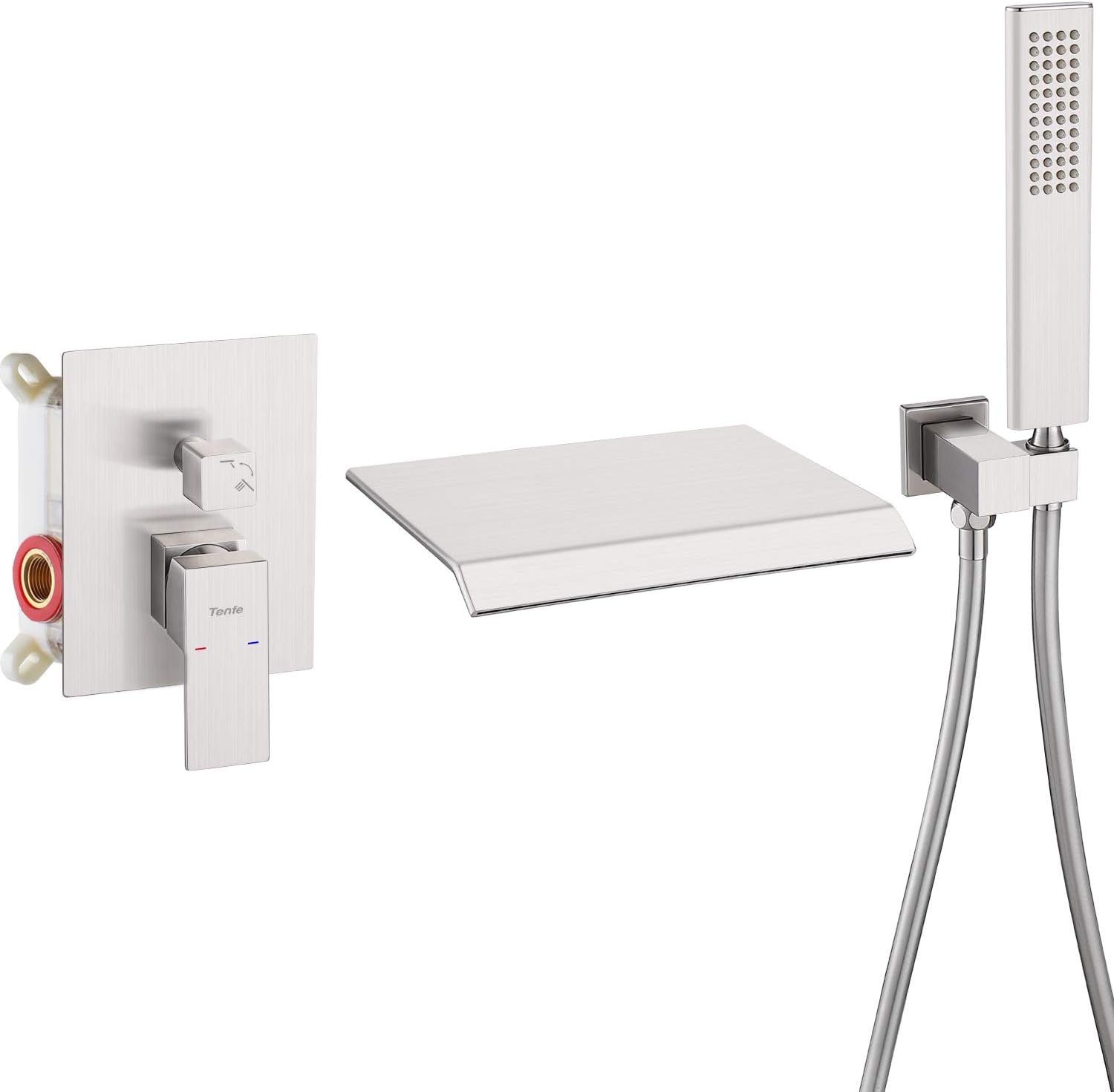 Bathtub Faucet Set, Tenfe Wall Mount Waterfall Tub Filler Spout and Handheld Shower Head, Brushed Nickel High Flow Rate Tub Faucets with Diverter, UPC Certified