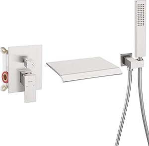 Bathtub Faucet Set, Tenfe Wall Mount Waterfall Tub Filler Spout and Handheld Shower Head, Brushed Nickel High Flow Rate Tub Faucets with Diverter, UPC Certified