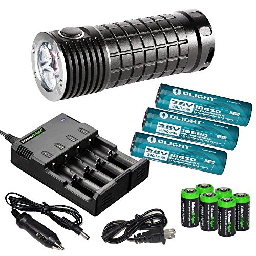 Olight SR MINI Intimidator II 3200 Lumen Cree LED diffused Flashlight, 4 bay home/car intelligent Charger, three Olight 18650 3400mAh Li-ion rechargeable batteries and six EdisonBright CR123A Lithium Batteries bundle