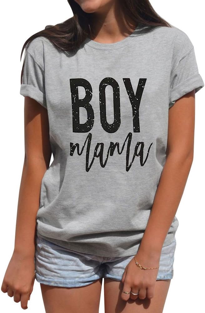 SCX Boy Mom Shirts for Women Letter Print Mama Tshirt Short Sleeve Loose Summer Tee Tops